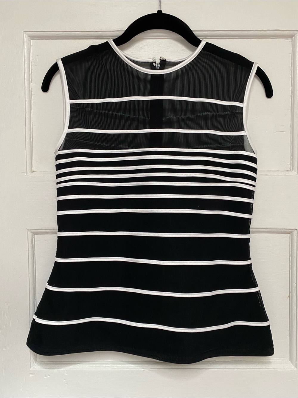 Vintage Tadashi Shoji Black Mesh Top with White Striped Trim
